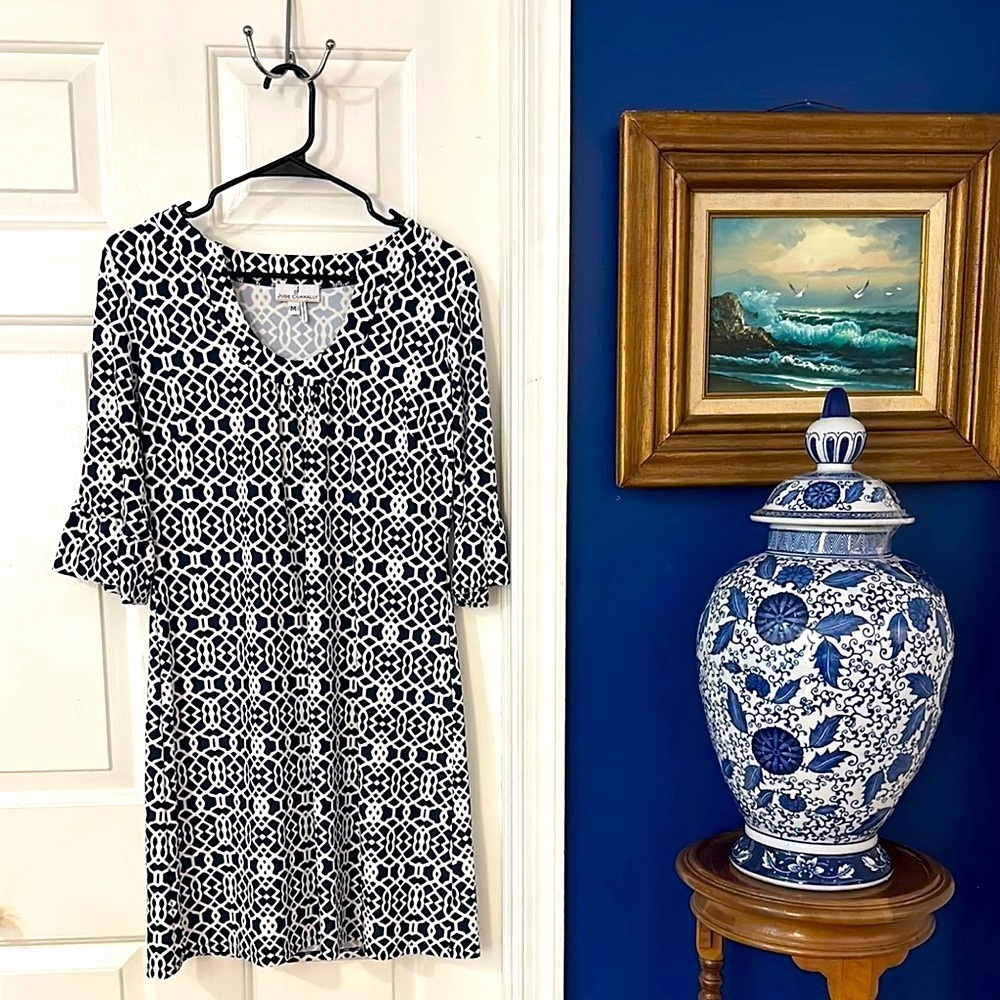 NWOT Women’s Jude Connally Navy & White Nylon & Spandex Lattice Print Dress